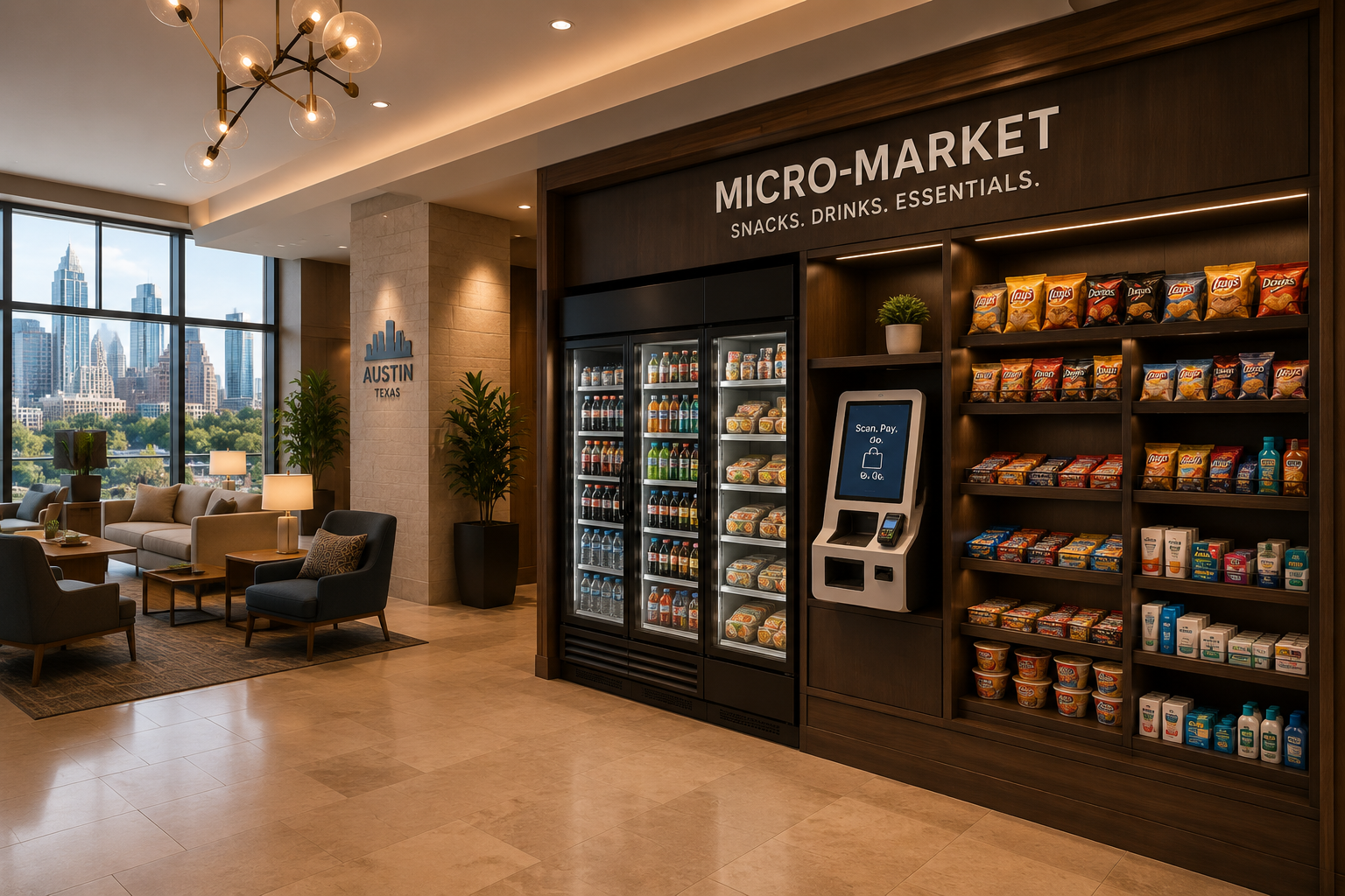 Modern self-serve micro-market in an Austin hotel lobby with refrigerated drinks, snacks, and cashless checkout.