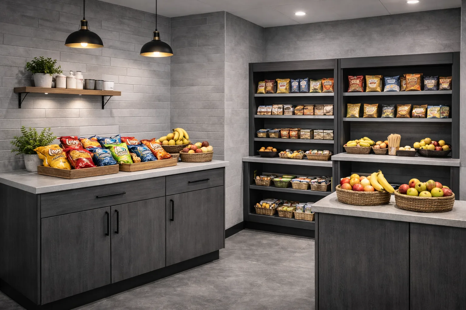 Employer-sponsored office pantry with organized snacks and refrigerated drinks