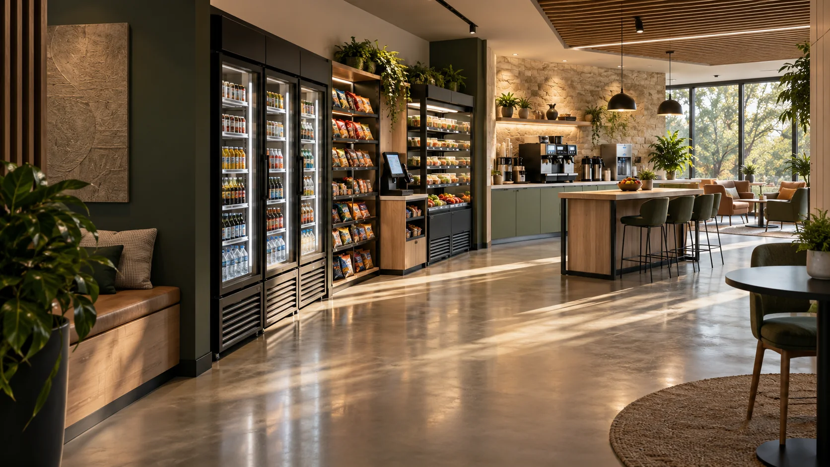 Modern workplace micro market and breakroom with fresh food, coffee, and self-checkout