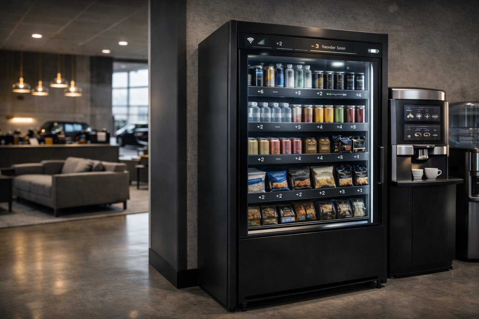 Clean dealership lounge with premium coffee and unattended retail equipment