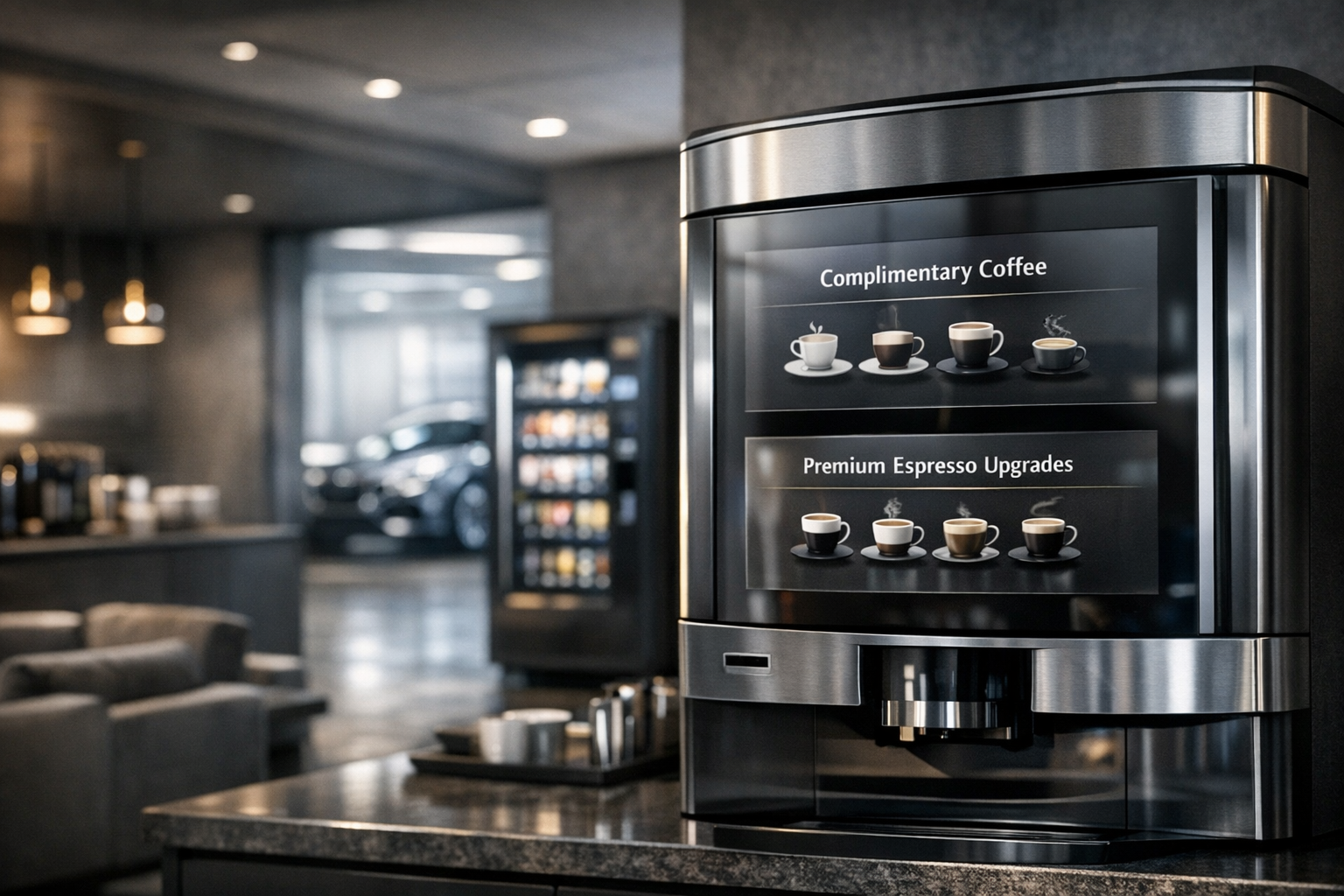 Premium dealership lounge coffee station with specialty options