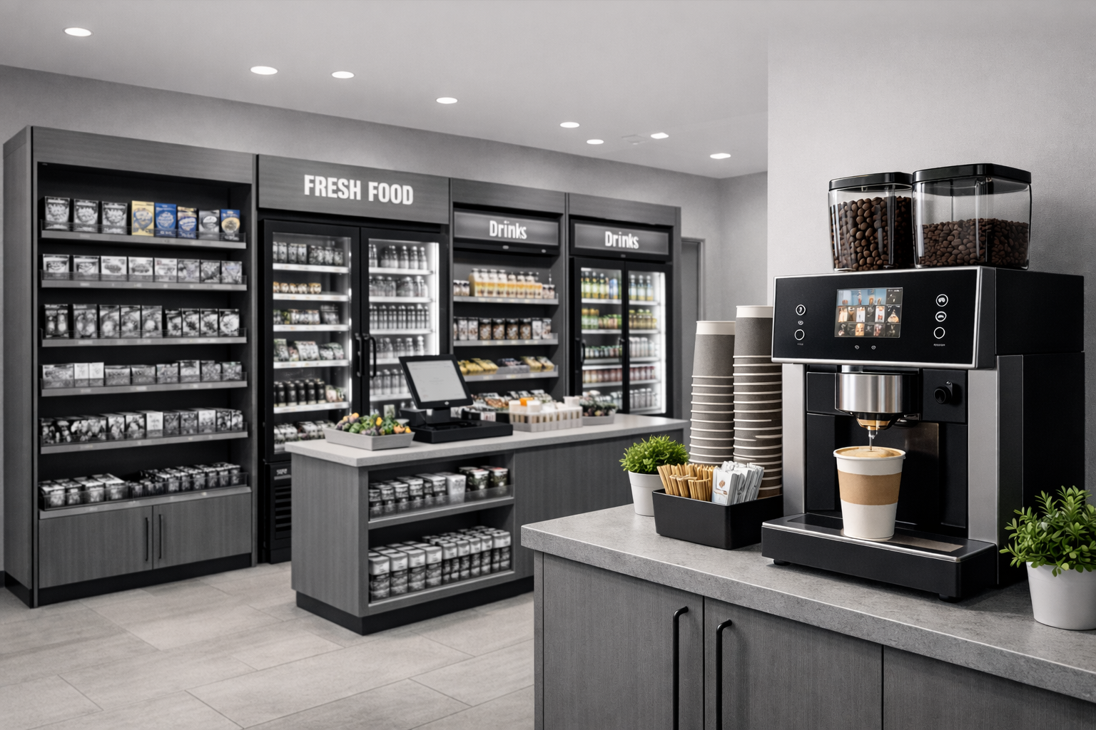 Micro market with fresh food and self checkout