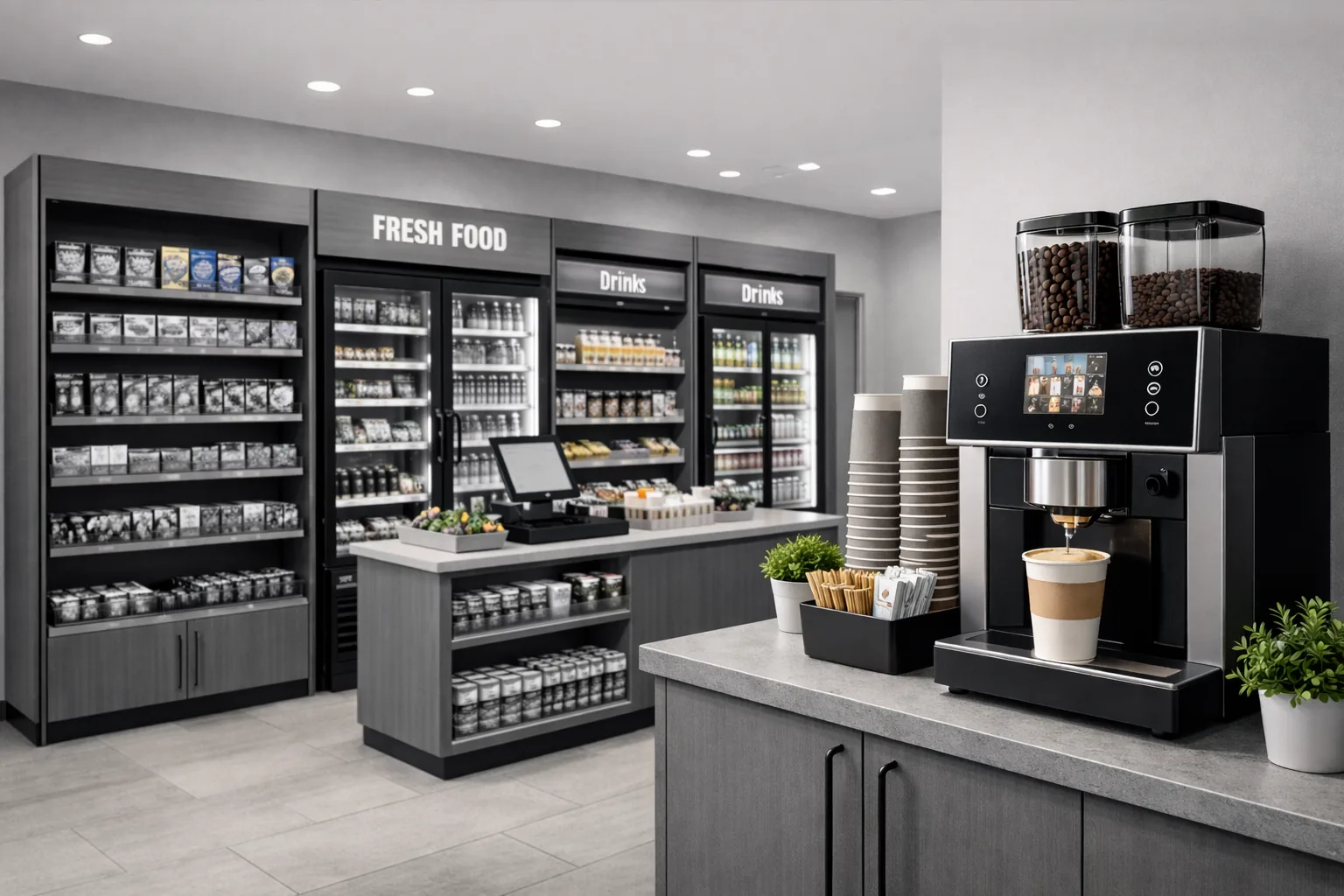 Micro market with fresh food and self-checkout